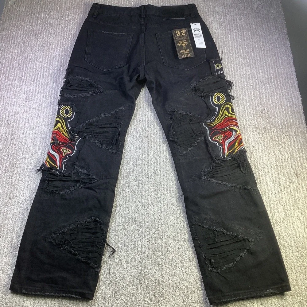 Watson Denim Mens 32 x‎ 29 Black Distressed Embroidered Graphic Jeans NWT